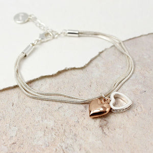 POM Rose gold heart & crystal heart layer snake chain bracelet