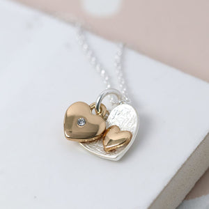 POM Silver and gold plated double heart necklace with gold plated body
