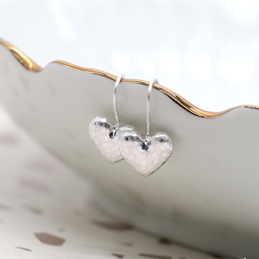 POM Worn silver hammered heart drop earrings
