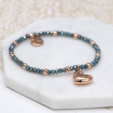 Load image into Gallery viewer, POM Blue beaded bracelet with rose gold heart charm