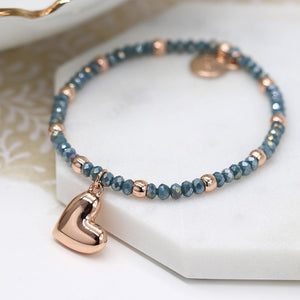 POM Blue beaded bracelet with rose gold heart charm