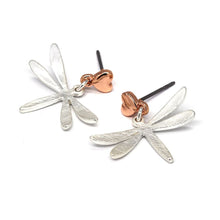 Load image into Gallery viewer, POM rose gold hearts with matt scratched dragonfly drop earrings