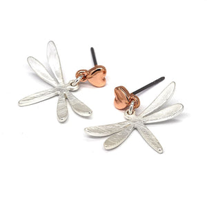 POM rose gold hearts with matt scratched dragonfly drop earrings