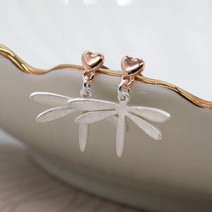 POM rose gold hearts with matt scratched dragonfly drop earrings