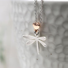 Load image into Gallery viewer, POM Silver plated brushed dragonfly necklace with small heart