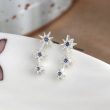 Load image into Gallery viewer, POM Silver triple embossed star and blue crystal stud earrings