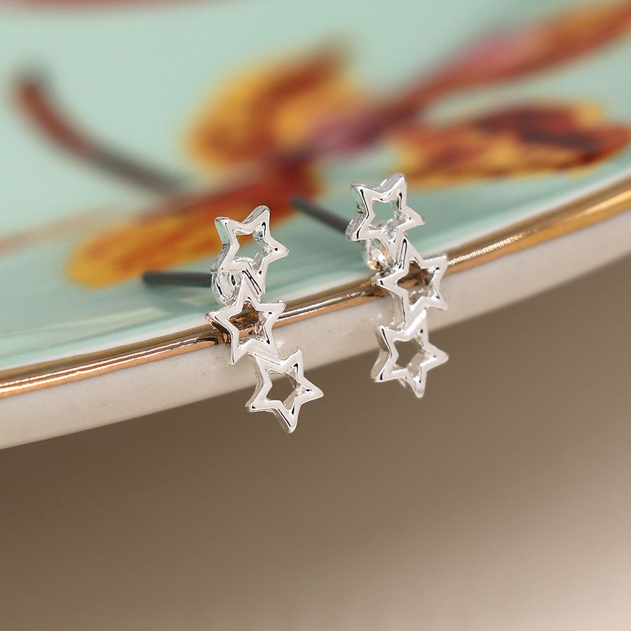 POM Silver plated triple star and triangle studs/earrings set