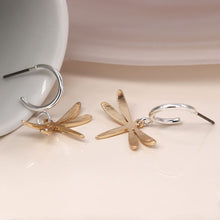 Load image into Gallery viewer, POM Faux gold brushed dragonfly on open hoop stud earrings