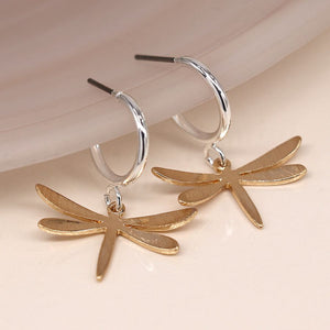 POM Faux gold brushed dragonfly on open hoop stud earrings