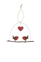 Load image into Gallery viewer, Shoeless Joe Pair of Robins on a perch with heart hanging Christmas Decoration