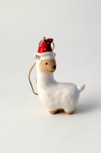 White ceramic Llama hanging Christmas tree decoration with red hat