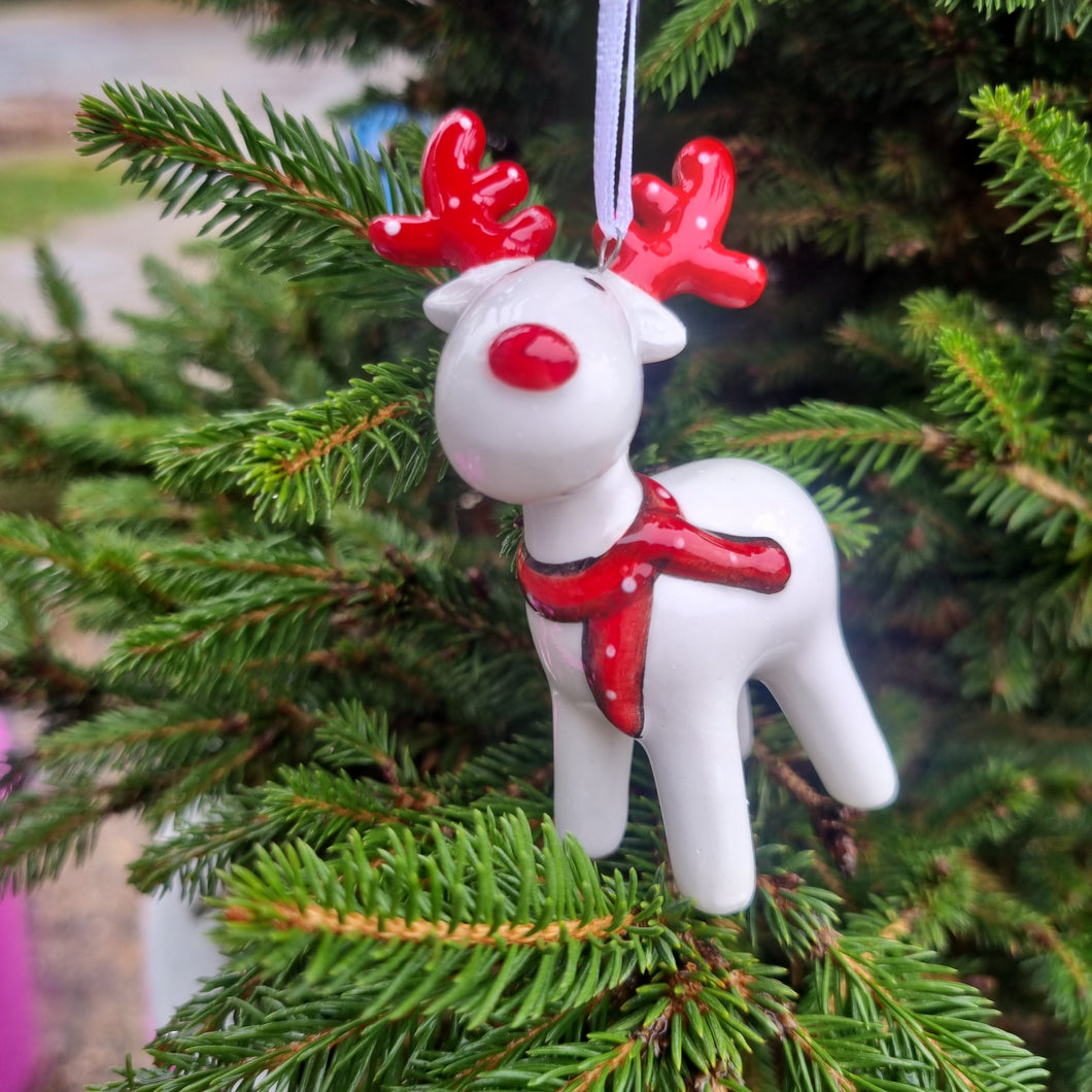 Ceramic white reindeer with red hat and scarf hanging Christmas Tree decoration