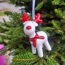 Load image into Gallery viewer, Ceramic white reindeer with red hat and scarf hanging Christmas Tree decoration