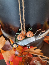 Load image into Gallery viewer, Shoeless Joe Three pumpkins in a wheelbarrow Autumn/Autumnal/Halloween/Christmas Tree hanging decoration