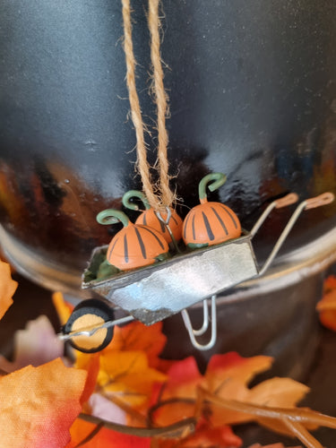 Shoeless Joe Three pumpkins in a wheelbarrow Autumn/Autumnal/Halloween/Christmas Tree hanging decoration