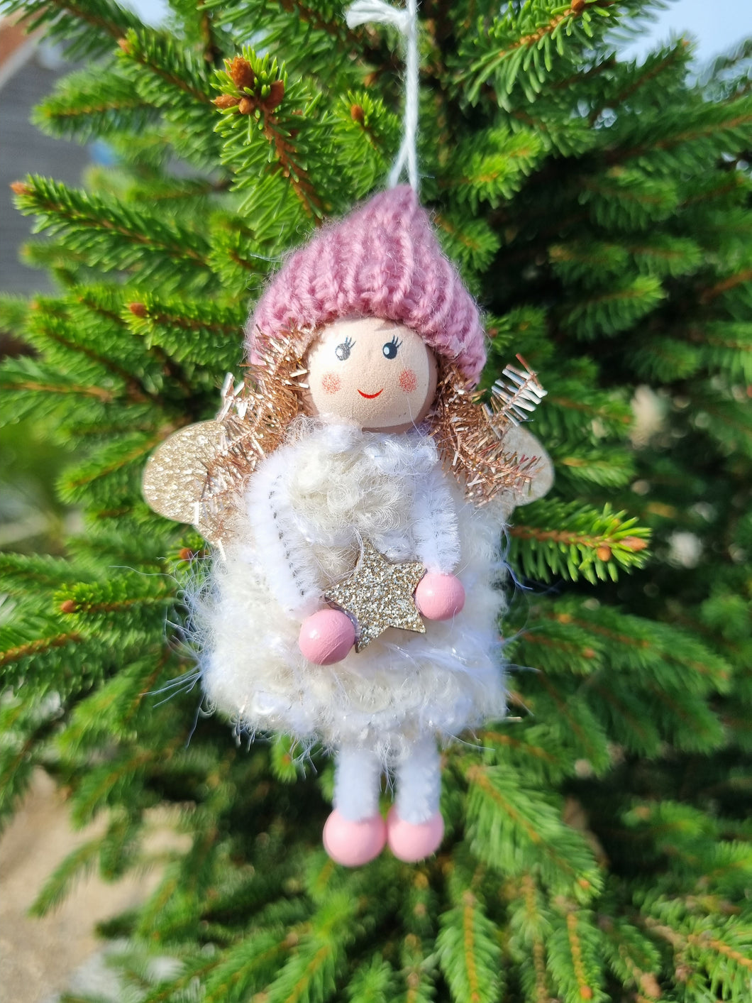 Angel in wooly hat Christmas tree decoration