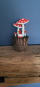 Shoeless Joe gonk sitting on log with toadstools -  Christmas decoration