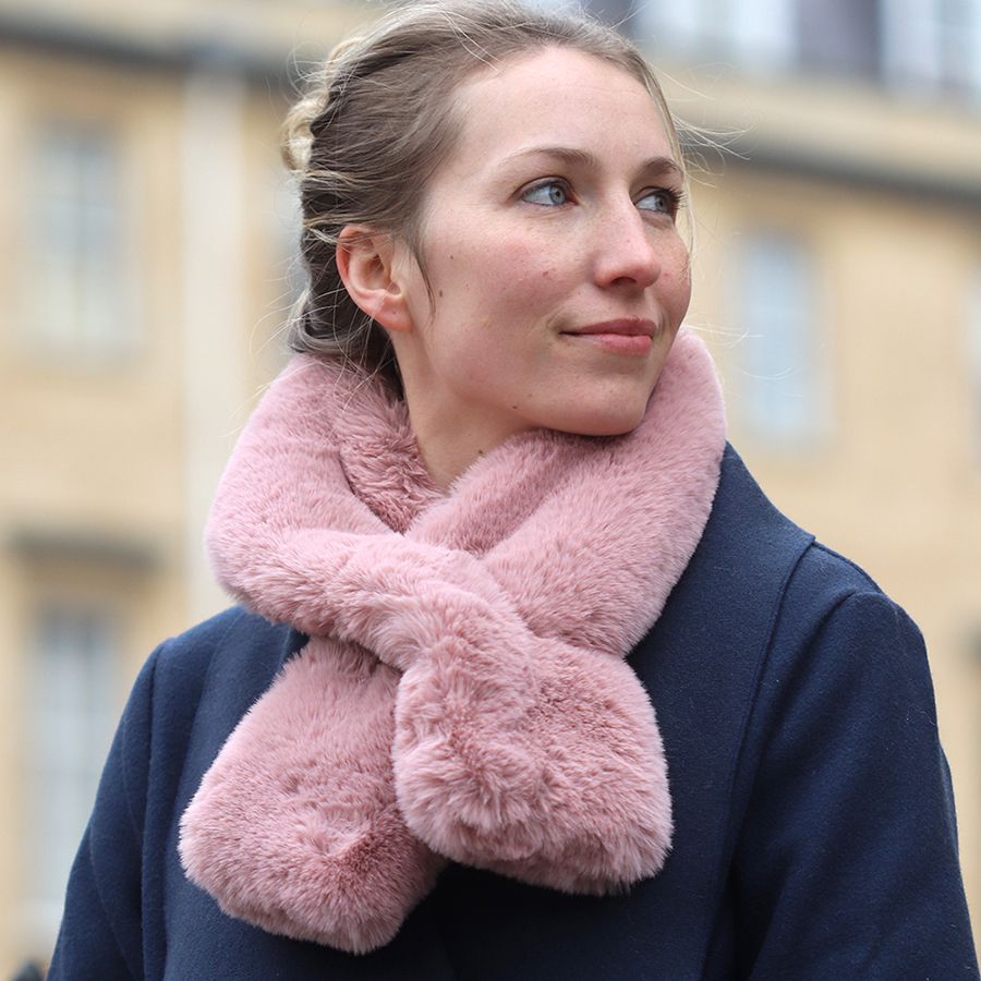 POM Supersoft faux fur dusky pink pull through ladies scarf