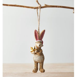 Hanging bunny rabbit with santa hat holding star - Christmas Tree decoration