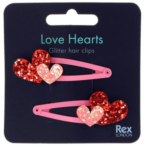 Childrens/girls love heart glitter hair slides/clips set of 2
