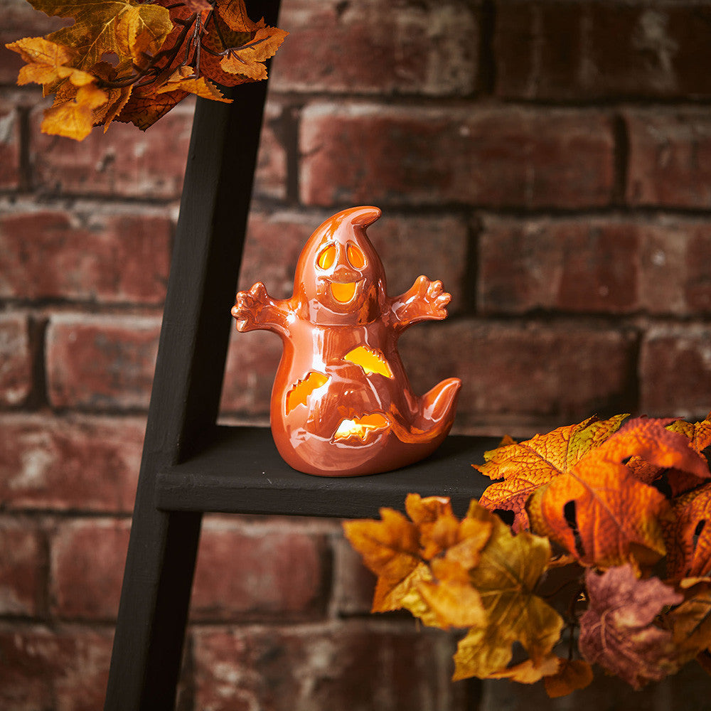 Orange ceramic LED light up ghost Halloween/Autumn ornament decoration