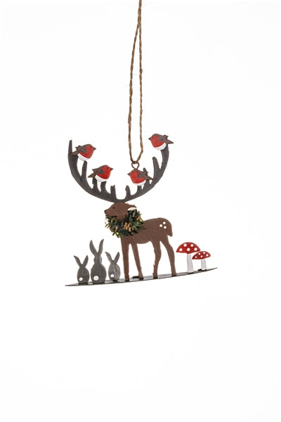 Shoeless Joe Robins on Stag antlers with rabbits and toadstools - hanging Christmas tree decoration