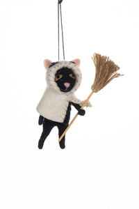 Shoeless Joe White Cape Black Cat with broomstick Halloween Hanging Decoration