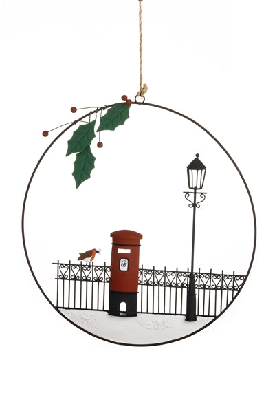 Shoeless Joe London Park Wreath with Robin and postbox - hanging Christmas decoration