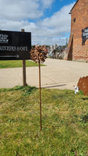 Load image into Gallery viewer, Rustic metal Dhalia flower on stake - garden ornament/feature