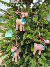 Load image into Gallery viewer, Ceramic brown reindeer with green scarf hanging Christmas Tree decoration