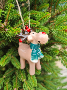 Ceramic brown reindeer with green scarf hanging Christmas Tree decoration
