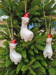White ceramic Llama hanging Christmas tree decoration with red hat