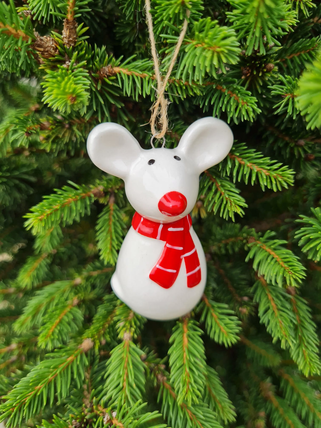 Ceramic white mouse with red scarf - hanging Christmas tree decoration