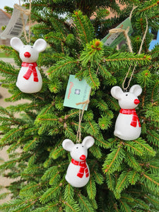 Ceramic white mouse with red scarf - hanging Christmas tree decoration
