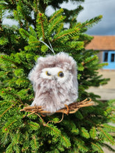 Load image into Gallery viewer, Fluffy owl on branch - hanging Christmas Tree decoration