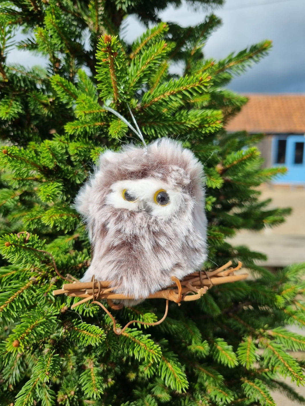 Fluffy owl on branch - hanging Christmas Tree decoration
