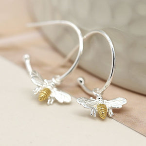 POM Sterling Silver Bee charm C hoop earrings