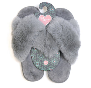 POM Pale Grey fluffy fur crossover slippers