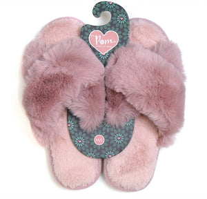 POM Pink Dusky Rose fluffy fur crossover slippers