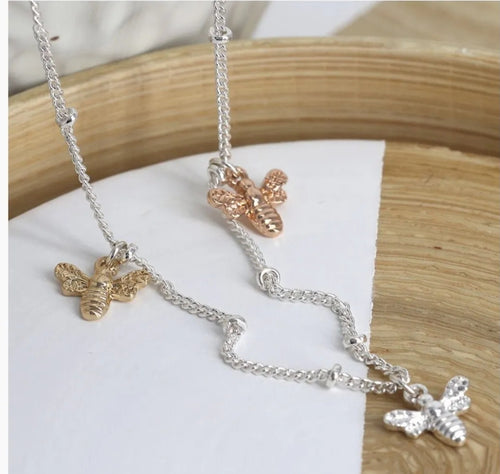 POM Silver rose gold and gold plated Bee necklace with