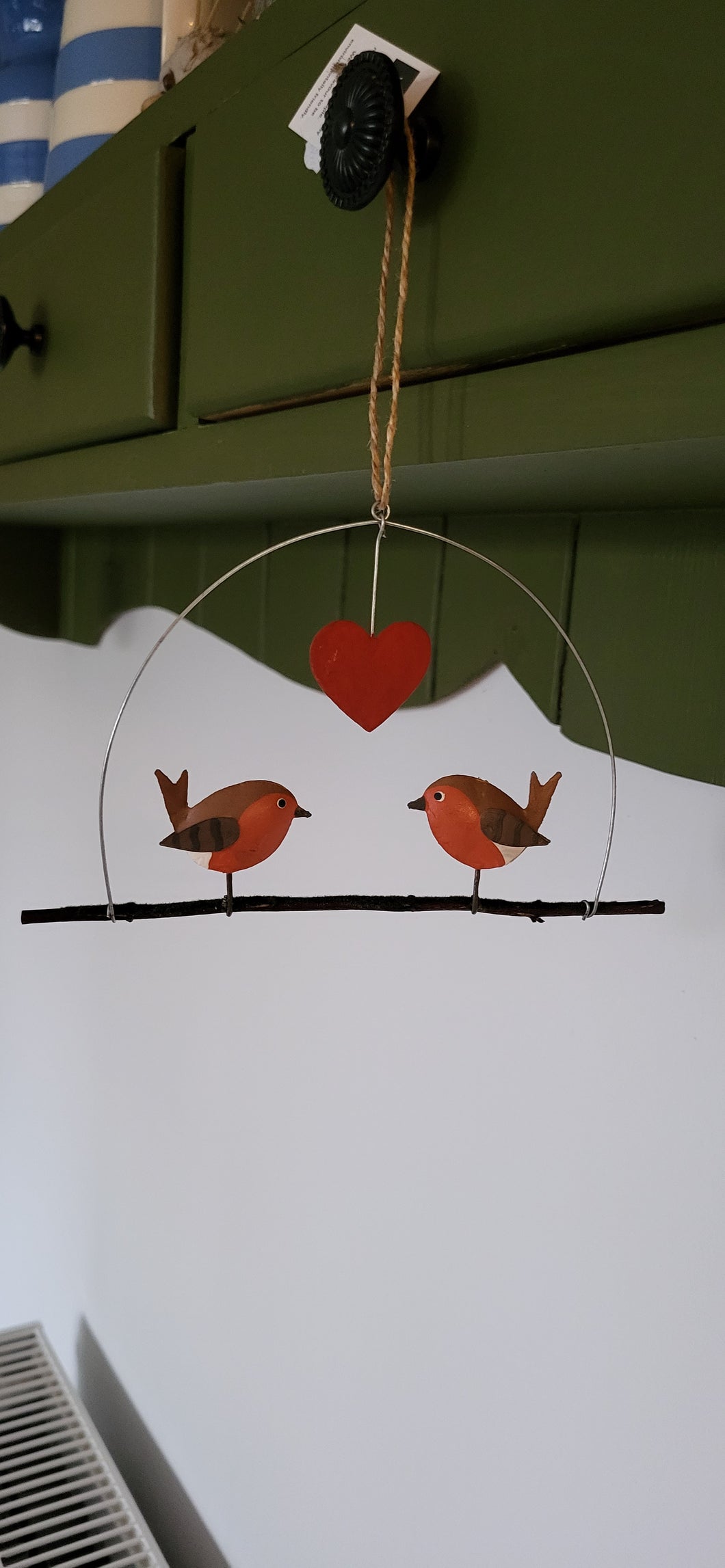 Shoeless Joe Pair of Robins on a perch with heart hanging Christmas Decoration