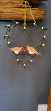 Load image into Gallery viewer, Shoeless Joe Rustic Metal Heart with Mistletoe and Robins