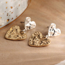 Load image into Gallery viewer, POM Double beaten heart earrings in gold and silver