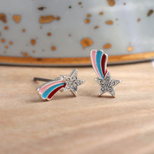 Load image into Gallery viewer, POM Silver plated crystal shooting star rainbow earrings with enamel