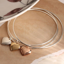 Load image into Gallery viewer, POM Silver plated triple bangle with large mixed metallic hearts