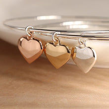 Load image into Gallery viewer, POM Silver plated triple bangle with large mixed metallic hearts