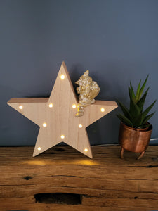 *DAMAGE REPAIRED/SECOND Light up wooden star with gold santa