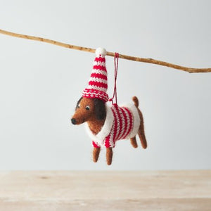 Dog in Stripy Jumper and hat - hanging Christmas Tree Decoration