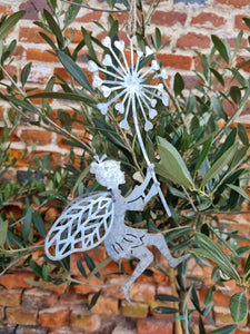 Flat metal fairy with dandelion hanging decoration