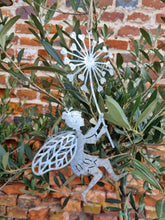Load image into Gallery viewer, Flat metal fairy with dandelion hanging decoration